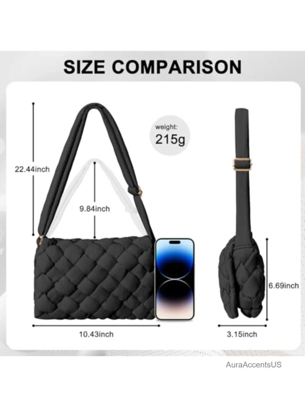 Small Puffer Crossbody Bag, Lightweight Quilted Woven Purse with Adjustable